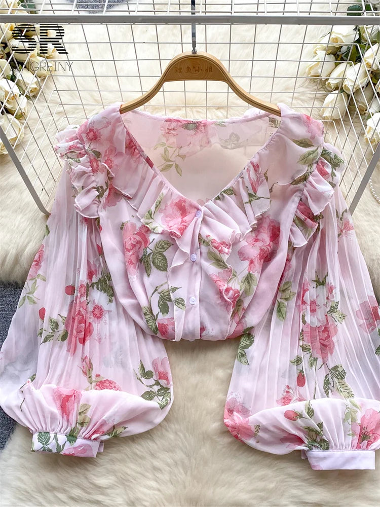 Floral Print Loose Shirt Women Lantern Sleeve V Neck Thin Causal Ruffle Blouse