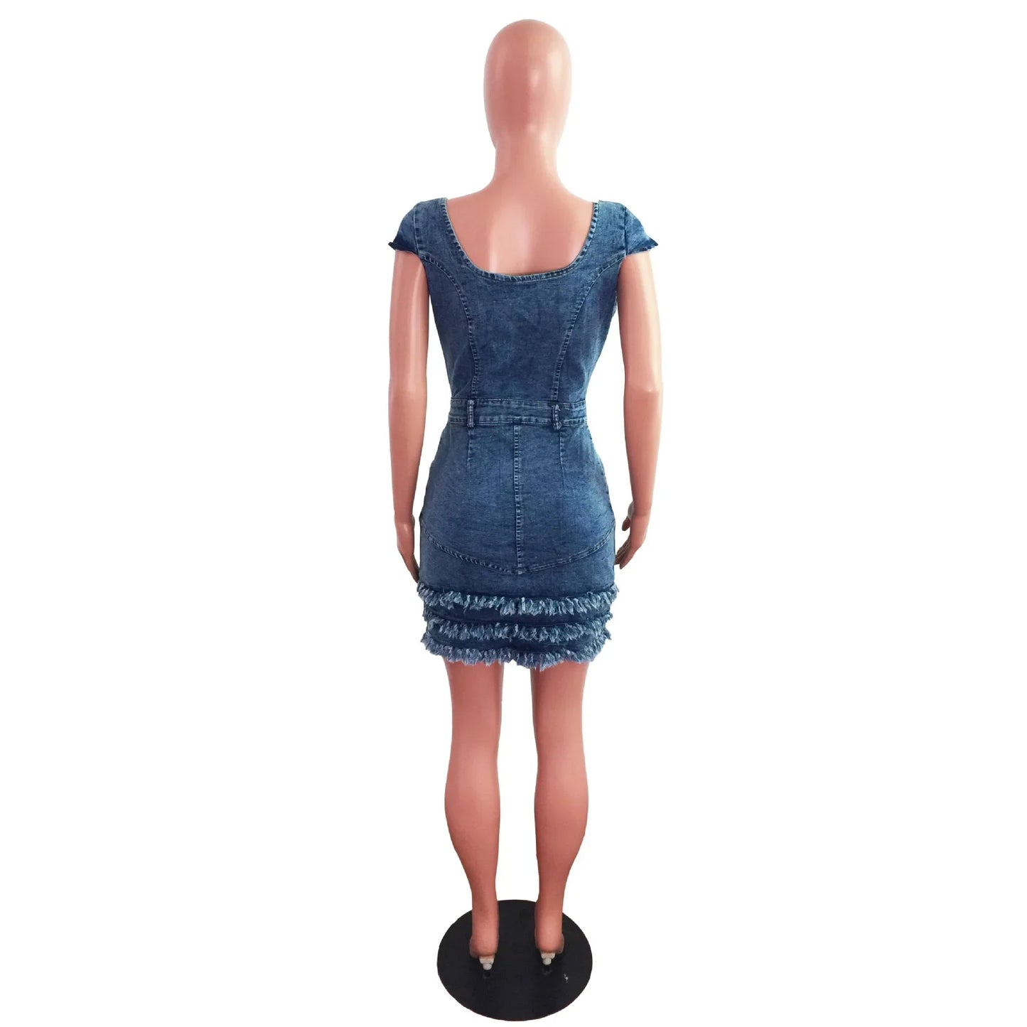 Women Sexy Short Sleeve Denim Dress Slim Fit Tassel Package Hip Pocket Button Denim Dresses Sheath Backless Tight High Waist