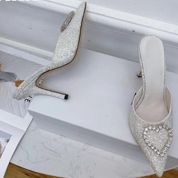 Shallow Mouth High-heeled Women's Shoes Love Rhinestone Shining Thin Heel Pump Slippers