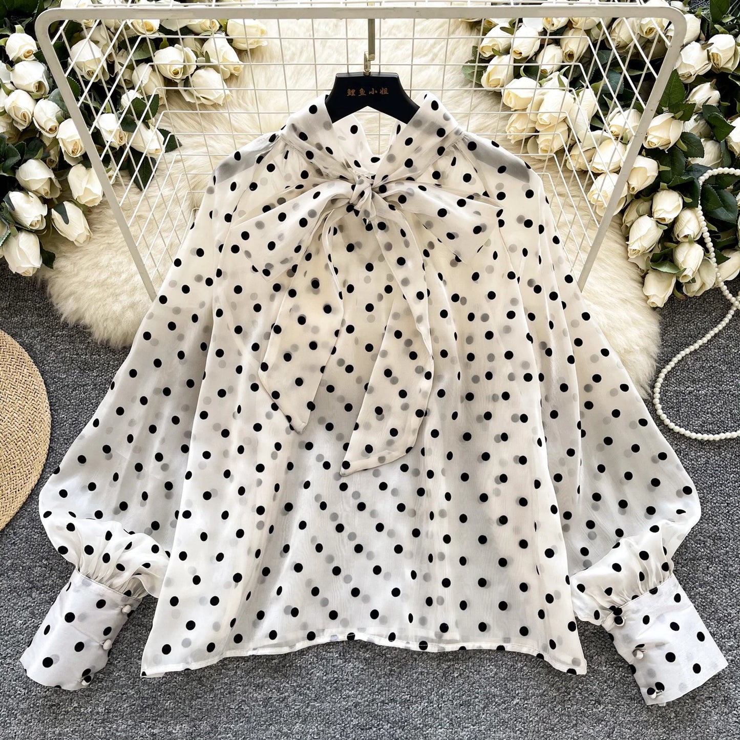 Vintage Polka Dot Tops Puff Sleeve Bow Lace Up Design Blouse