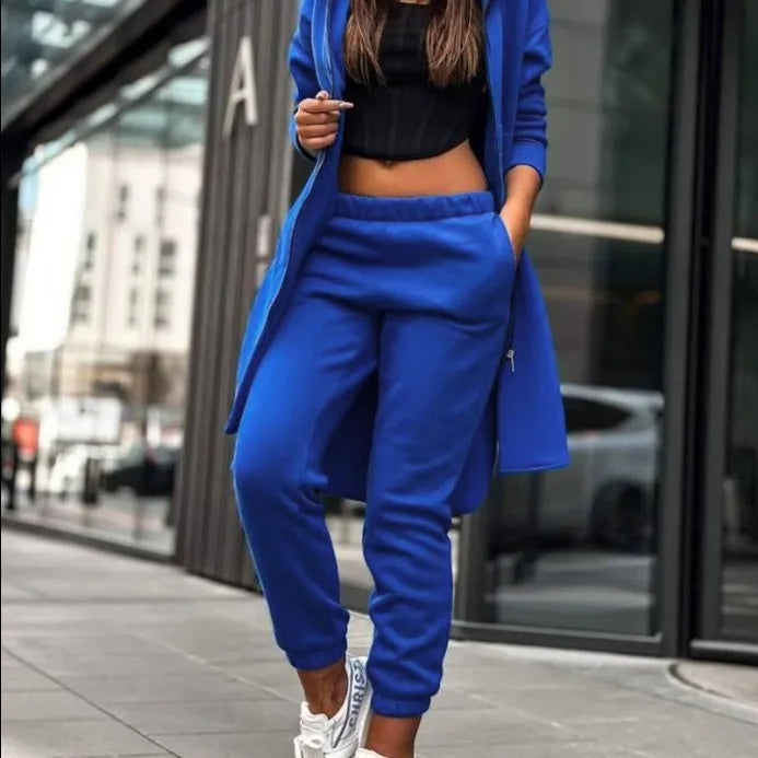 Women Pant Set Hooded Zipper Long Coats Two Piece Suits Casual Straight Pants