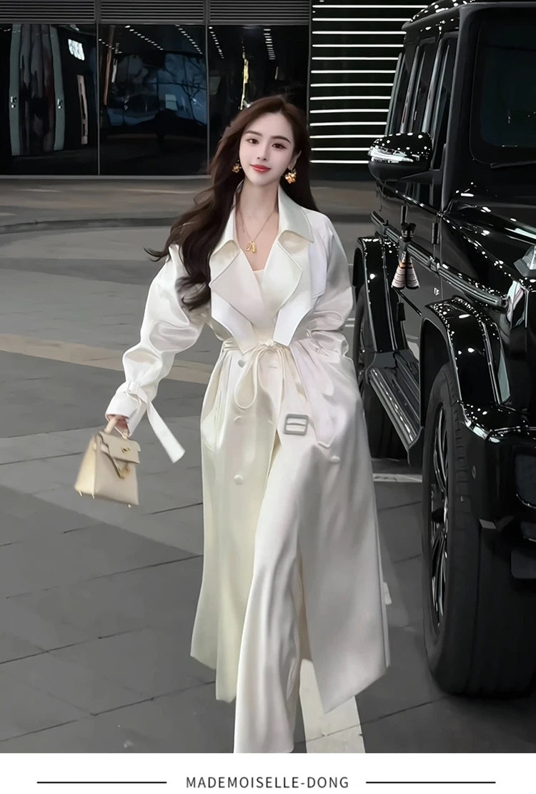 Long Flowy Shiny White Trench Coat for Women Double Breasted Design