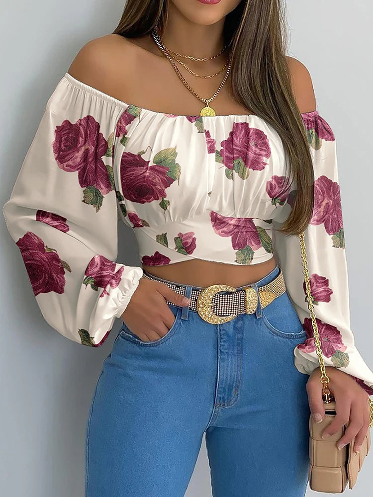 Women Sexy Off Shoulder Print Blouses Chic and Elegant Lantern Long Sleeve Cropped Top