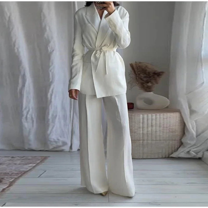 Elegant Blazer Pants Sets Women V-neck Lace up Jacket Full Sleeve Wide Leg Trousers Suit