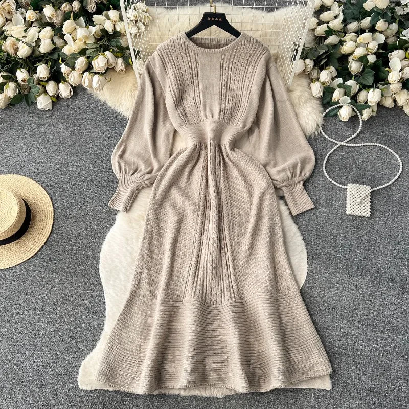 Lazy Style Round Neck Waist Wrapped Slim Mid Length Bubble Sleeve Knitted Dress