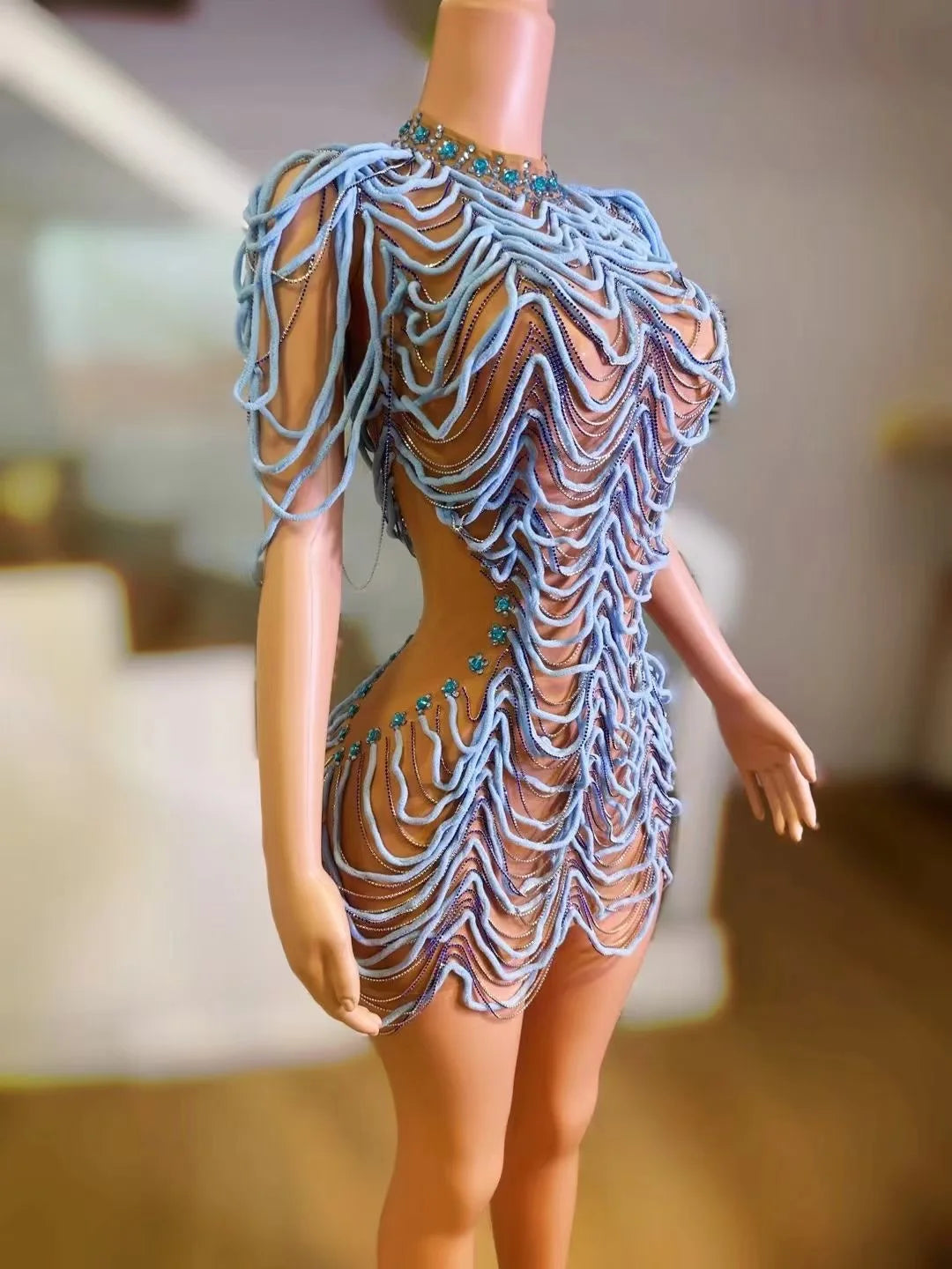Mesh Rhinestones Chain Mini Dress Nightclub Party Performance Outfit