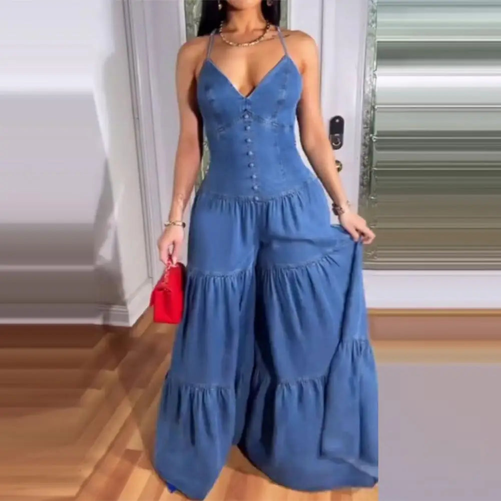 Stylish Women's Sleeveless Jumpsuits Casual Flowy Overalls Sexy Halter Rompers for Summer