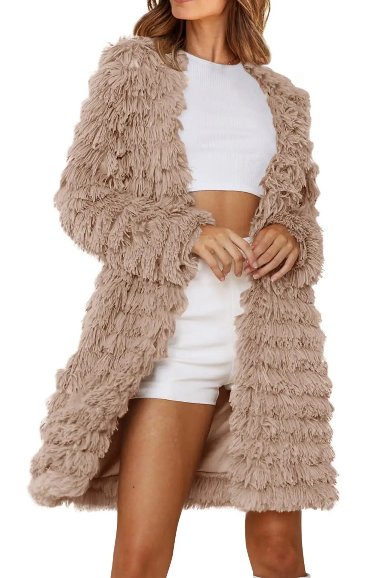 Long Sleeve Faux Fur Jackets Open Front Long Cardigan Coat Outerwear