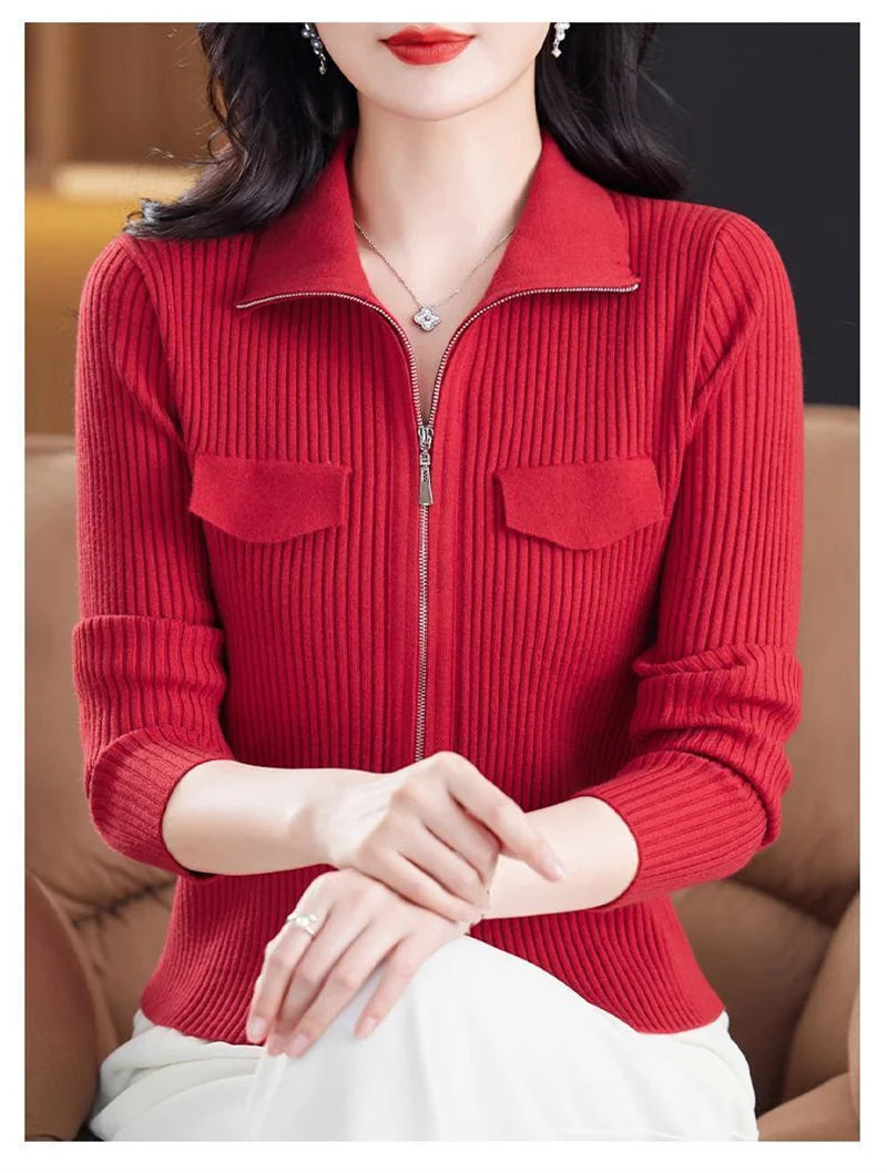Women Knitted Sweater Cardigan Short Jacket Turn-Down Collar Knit Top
