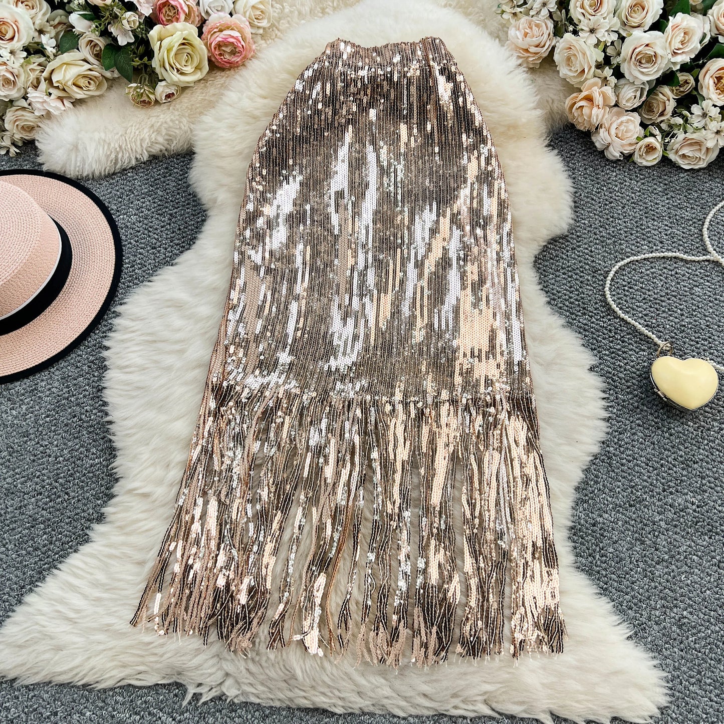 Women Chic Sequin tassel glitter Skirt High Waist Elegant Korean Fashion Skirt
