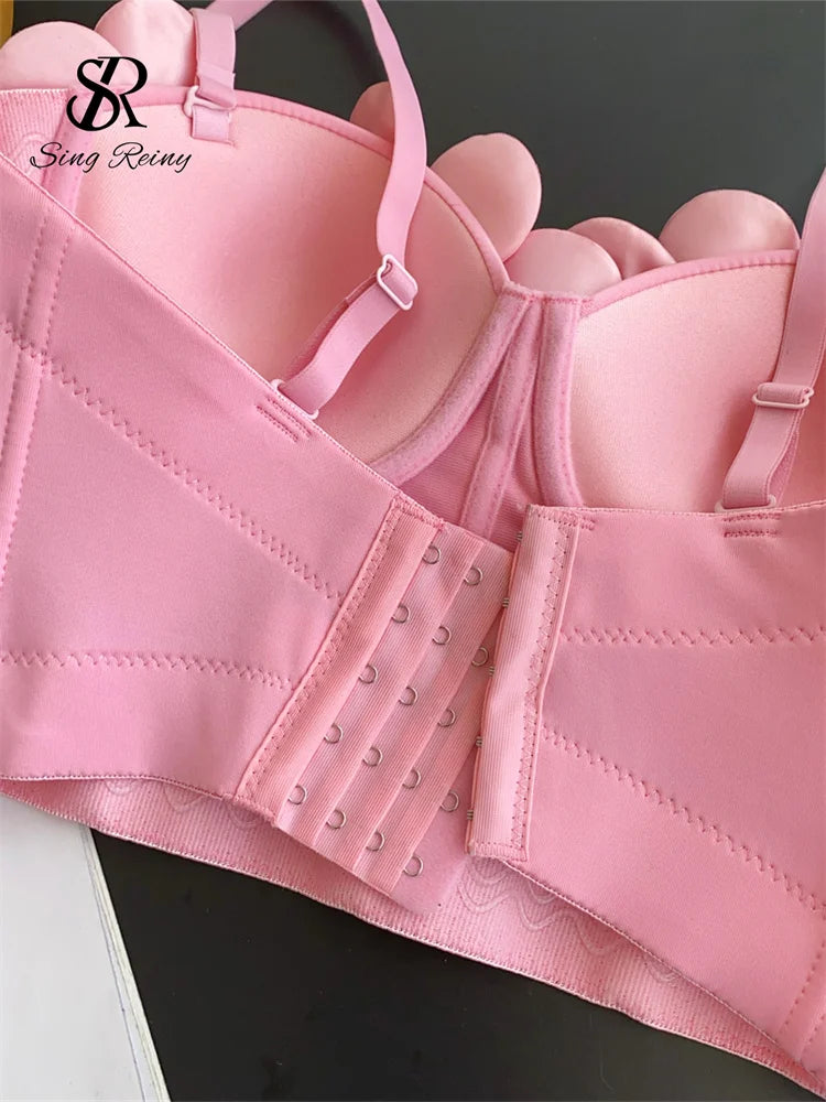 Women 3D Floral Lingerie Top Strap Chest Pad Solid Backless Corset Tank Top