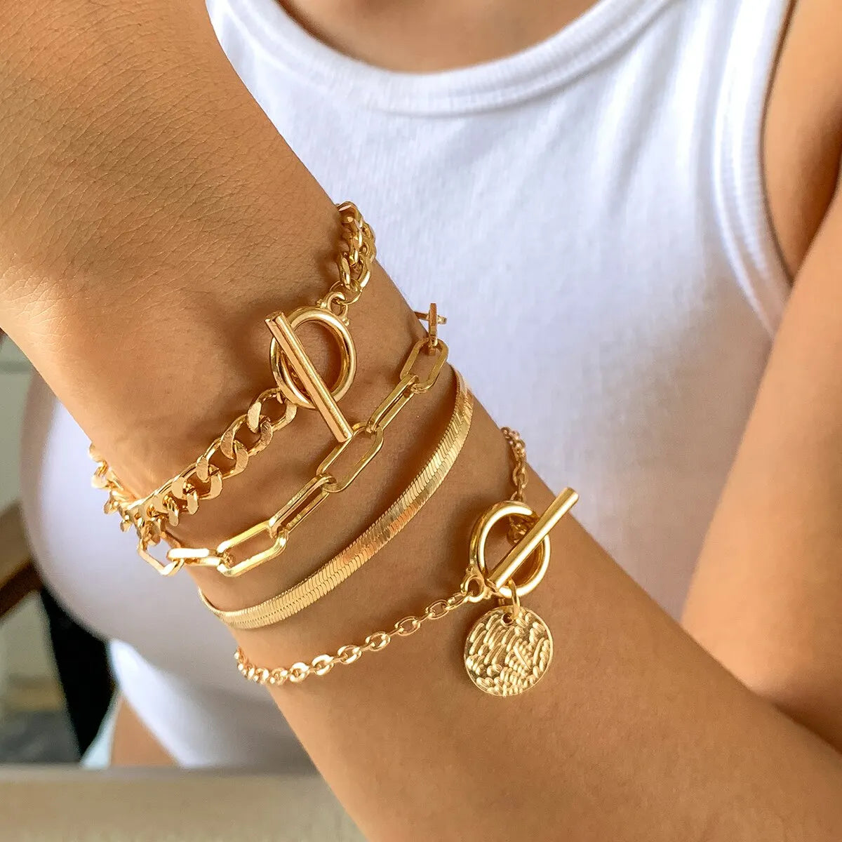 Punk Cuban Link Chain Coin Pendant Bracelet for Women