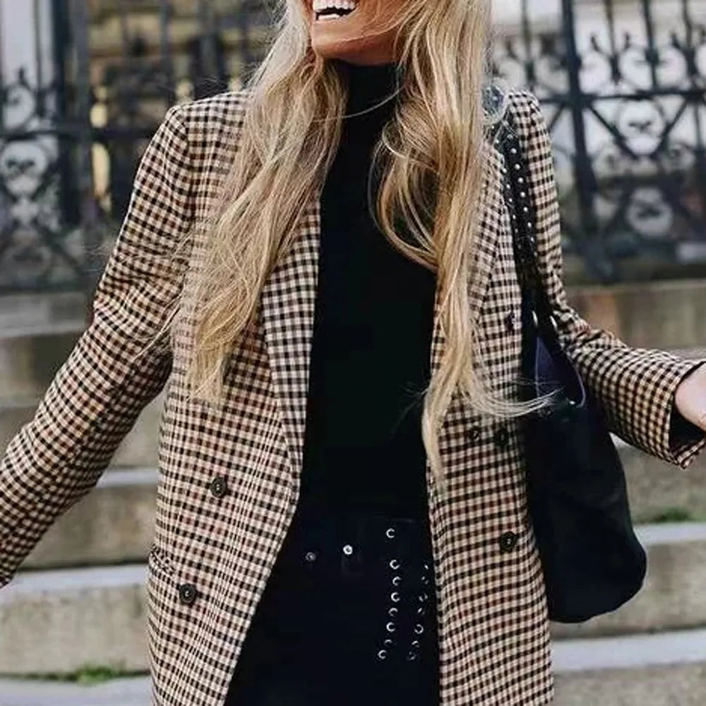 Women's Elegant Open Front Coat Retro Button Suit Coats Plaid Long Sleeve Flannel Lapel Blazer