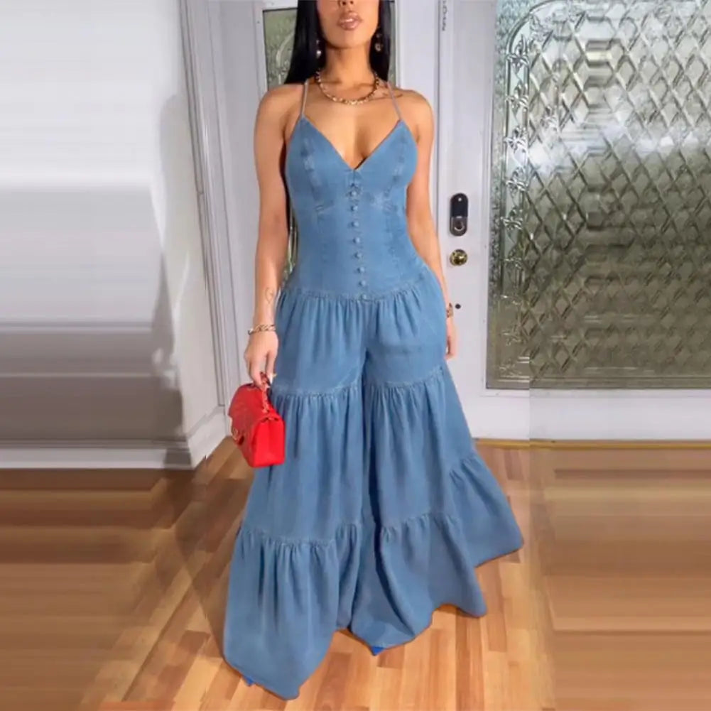 Stylish Women's Sleeveless Jumpsuits Casual Flowy Overalls Sexy Halter Rompers for Summer
