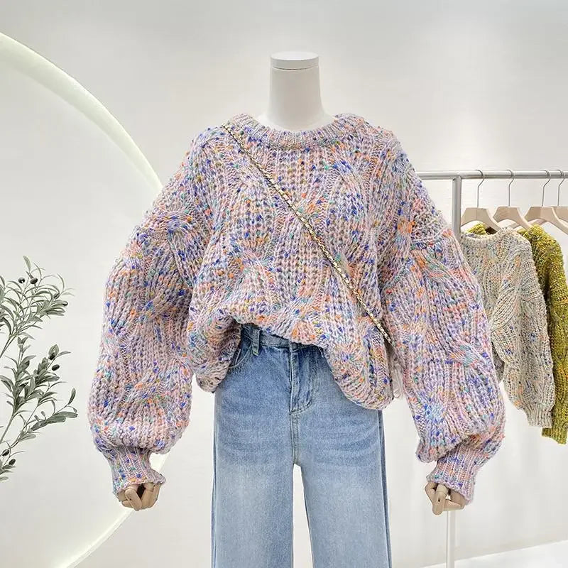 Knit Colorful Loose Fit Lantern Sleeve Cropped Sweater For Women