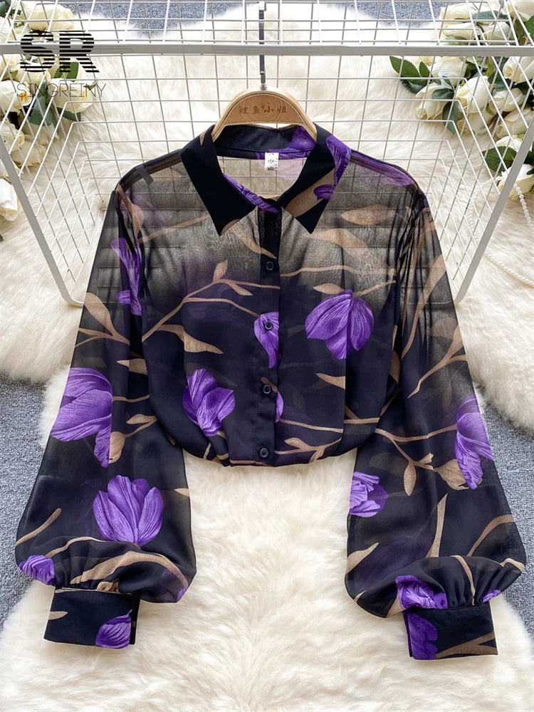 Floral Print Women Shirt Summer Lantern Sleeve Retro French Loose Blouse