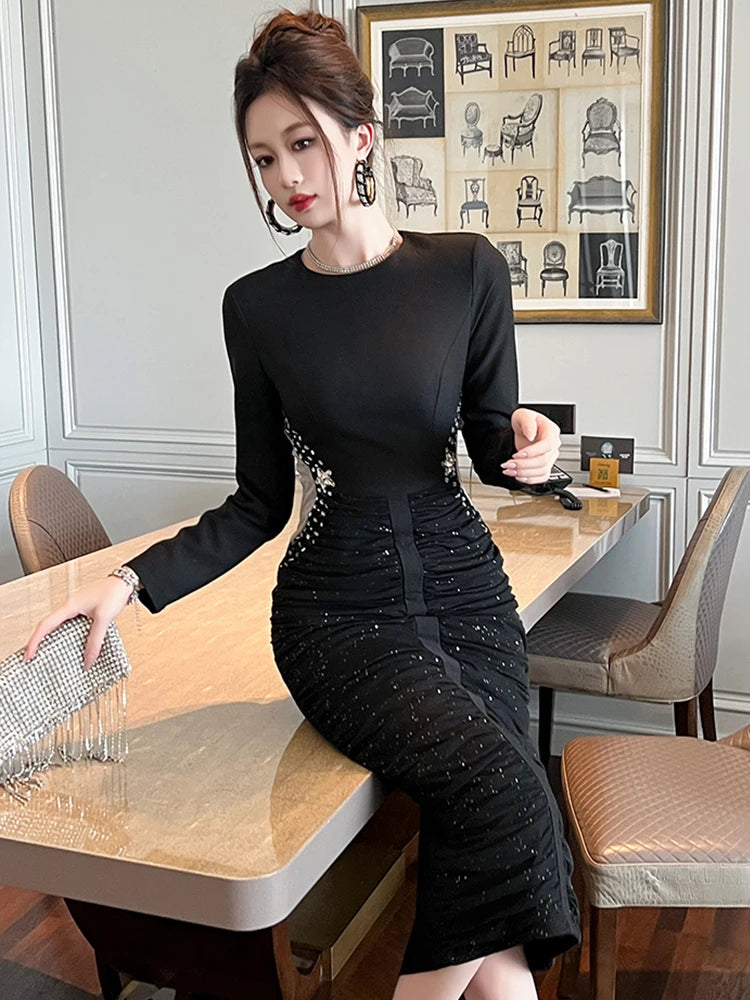 French Elegant Formal Shiny Rhinestone Folds Bodycon Midi Dress