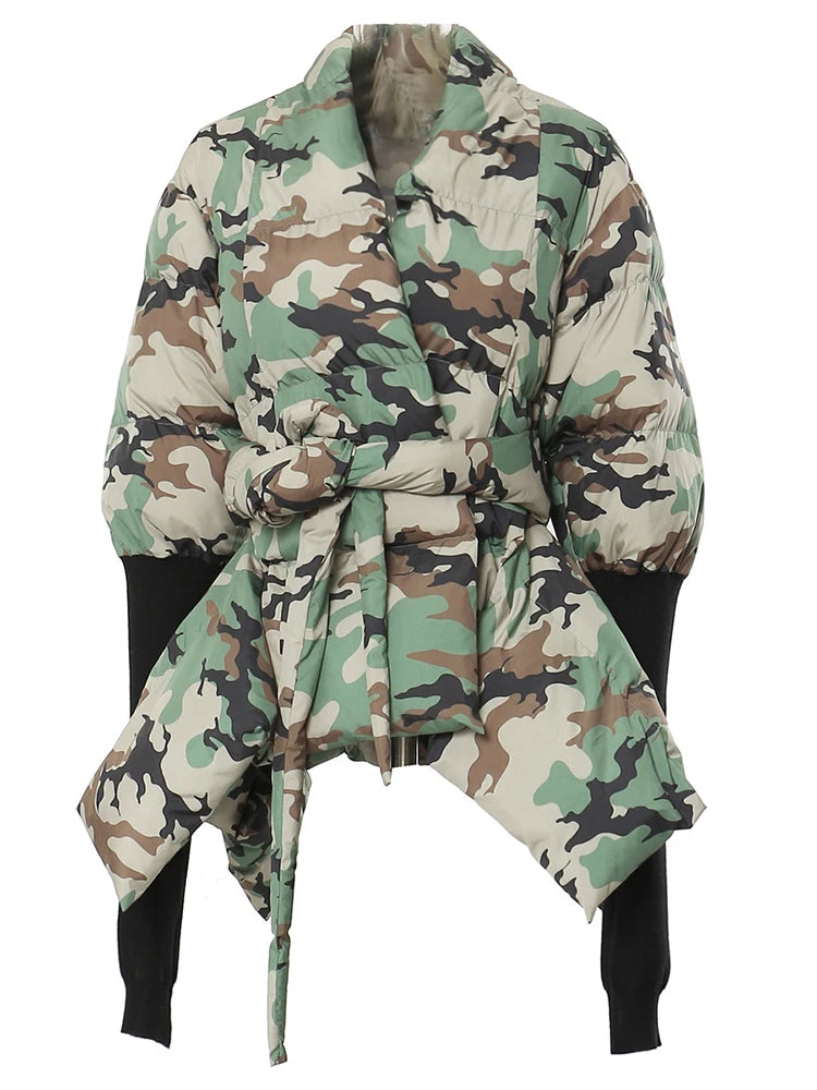 Women's Cotton-padded Coat Belt Irregular Waist Camouflage Knitted Sleeve Parkas Jackets Winter Jackets