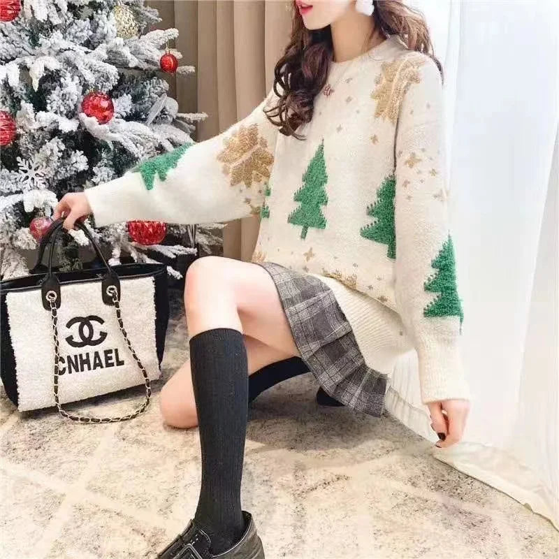Christmas Style Pullover Sweater Women Y2K Crew Neck Couples Knit Sweater