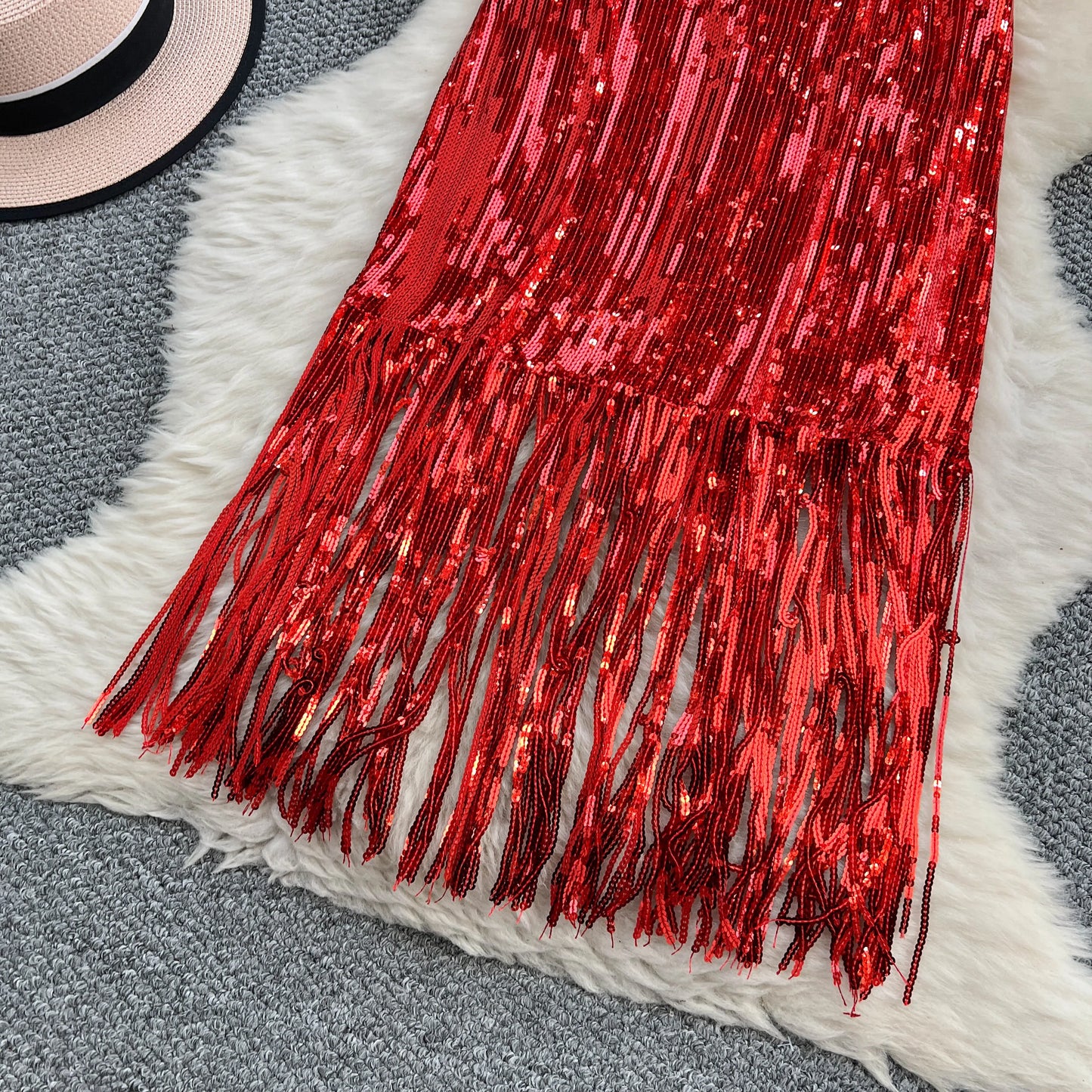 Women Chic Sequin tassel glitter Skirt High Waist Elegant Korean Fashion Skirt