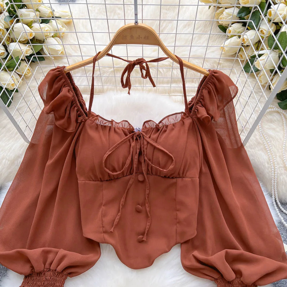 Flare Sleeve Women Top Ruffle Solid Elastic Waist Halter Backless Chiffon Blouse