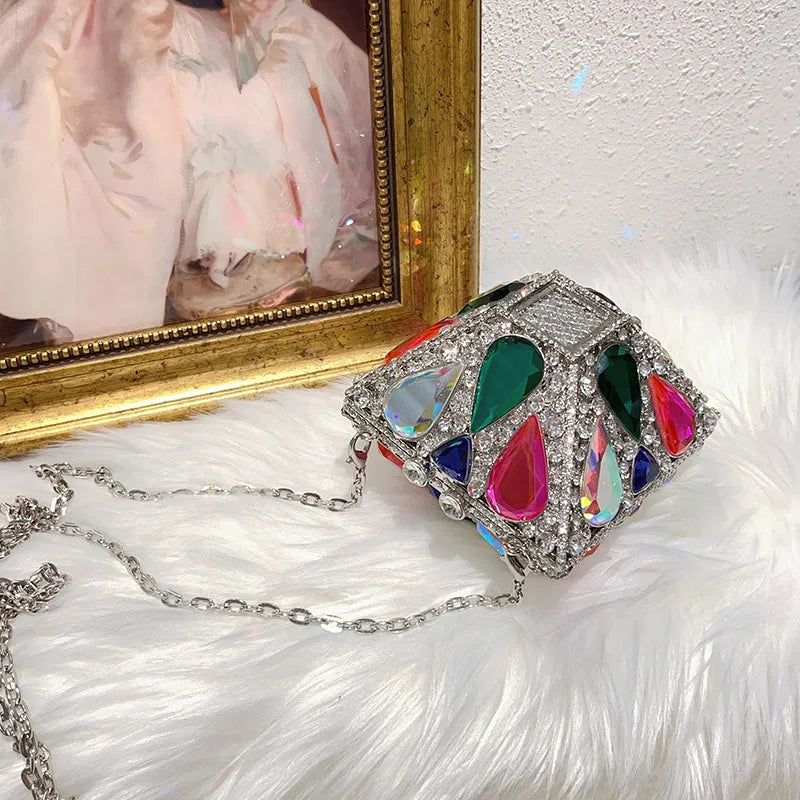 Luxury Glitter Metal Box Women Handbag Crystal Clutch Purse