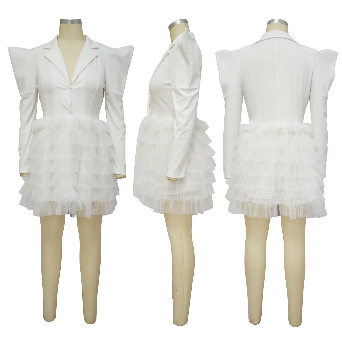 Mesh Paneling Solid Right Shoulders Long Sleeves Cake Dress For Women