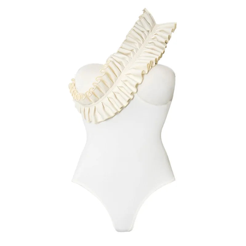 One-Piece Swimsuit Solid Bathing Suit Vacation Beachwear Ruffle Swimming Suit