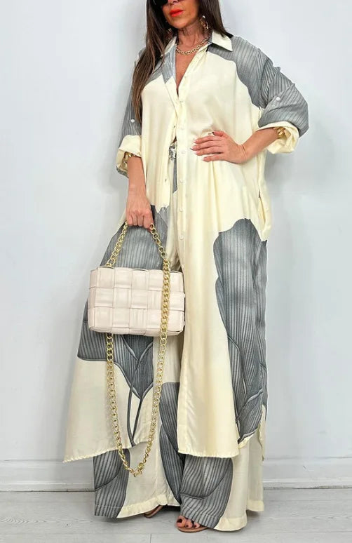 Elegant Lady Two Piece Set Printed Long Shirt Top + Wide Leg Pants 2-piece Outfit Oversized Sets