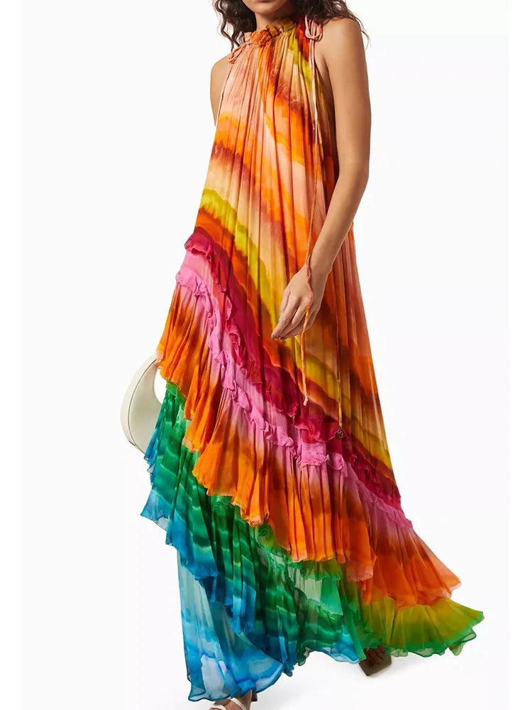 Women Elegant Sleeveless Holiday Print Ruffles Patchwork Maxi Dress
