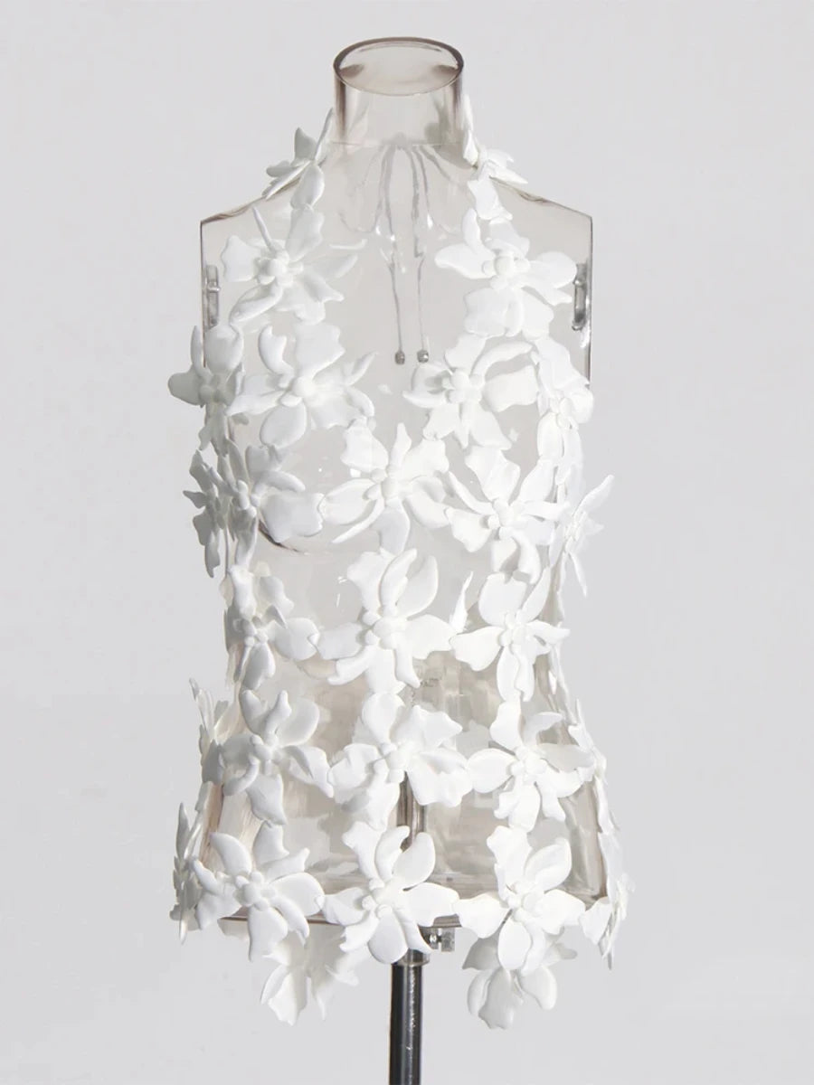 Spliced 3D Flower Cutout Sexy Vest for Women Halter Sleeveless Backless Off Shoulder Patchwork Lace Up Top