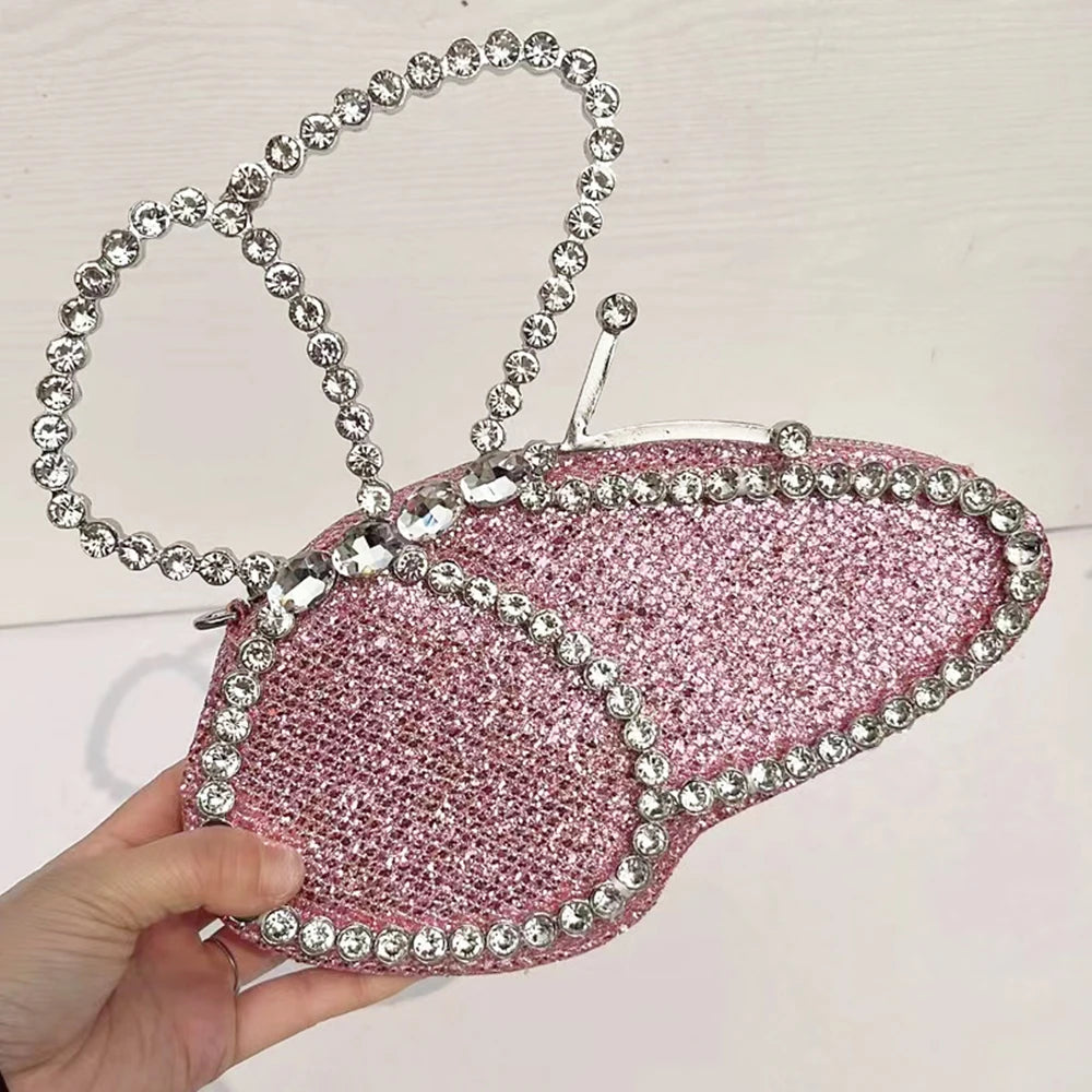 White Rhinestone Pink Butterfly Wedding Evening Clutches Party Prom Purse