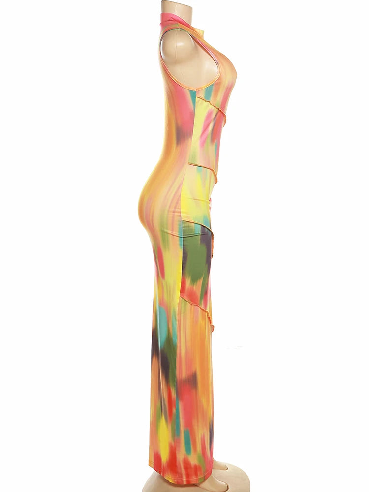 Colorful Print Dress Women Sleeveless Patchwork Skinny Bodycon Dress