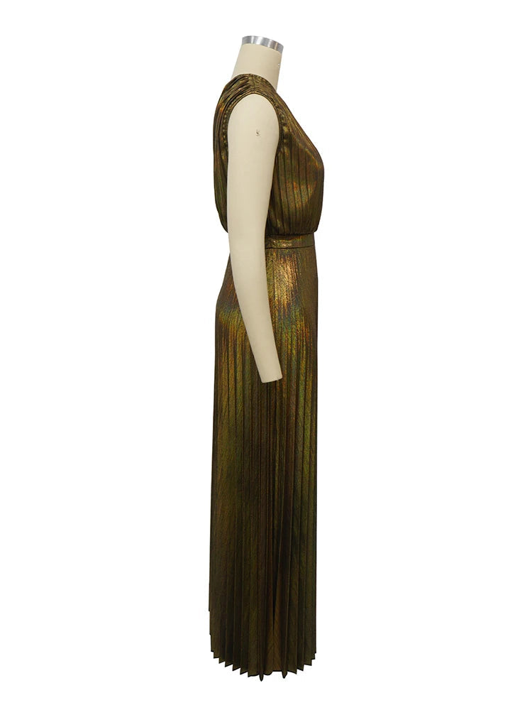 Metallic Golden One Shoulder Sleeveless Pleated A-Line Maxi Dress Elegant Cocktail Dress