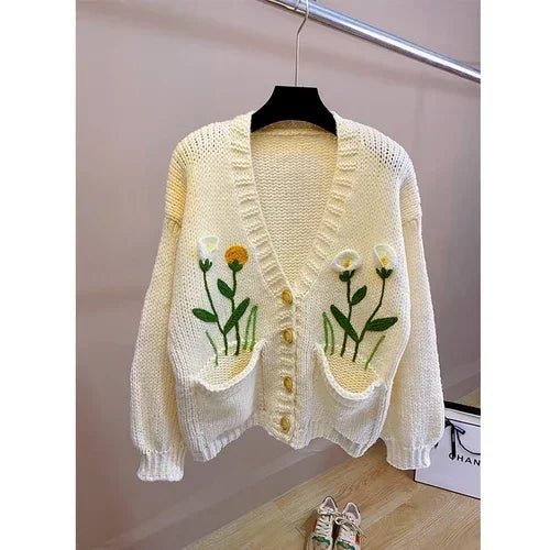 Women Handknit Floral Vintage Apricot Cardigan Women Sweater Clothes Knitwear