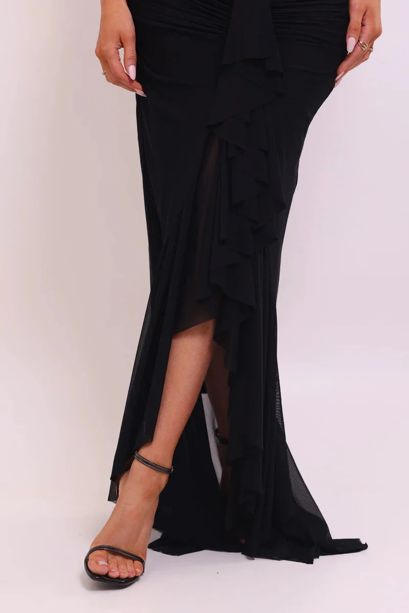 Halter V Neck Backless Sexy Maxi Dress Women Evening Gown Ruffle Dress