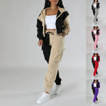 Women Loose Two Pieces Pant Suit Matching Sets Hoodie Tracksuit Blocked