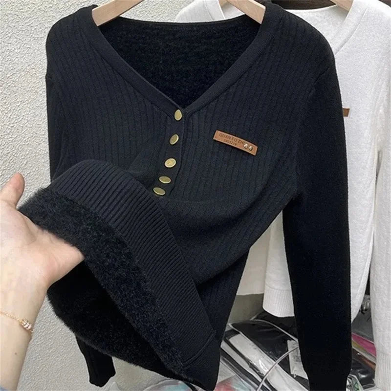 Thick Velvet V-neck Sweater Women Korean Fashion Lined Warm Knitted Pullover