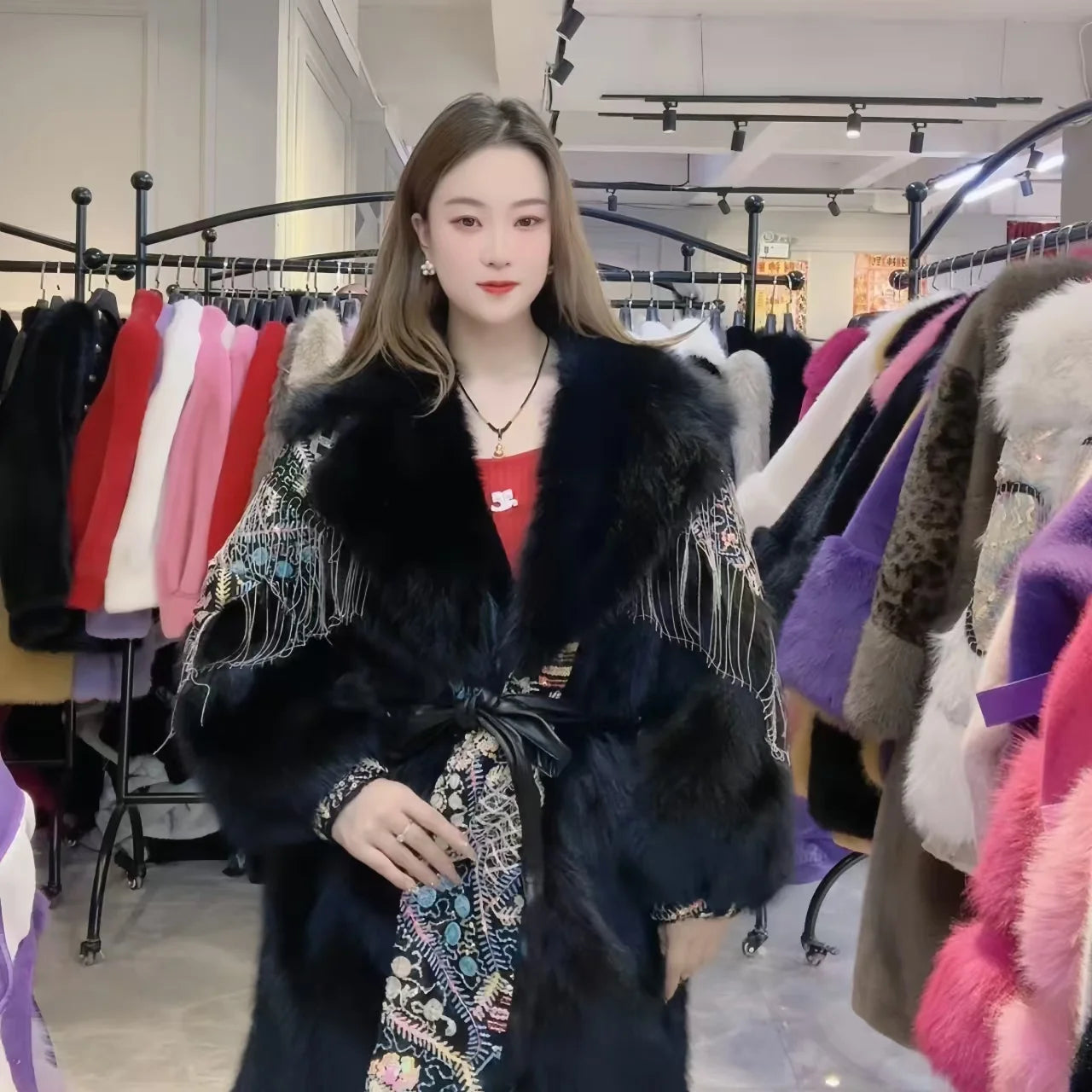 Faux Fur Coat for Women, Sequins Jacket, Loose Long Overcoat, Thick Warm Female Clothing, Fashion,High Quality, New, Winter