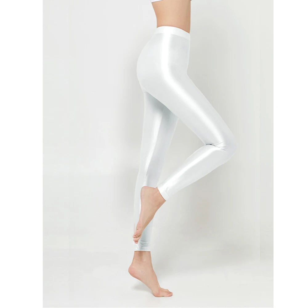 Womens Satin Glossy Sexy Opaque Pants Shiny Oil Wet look Tights Leggings M-3XL