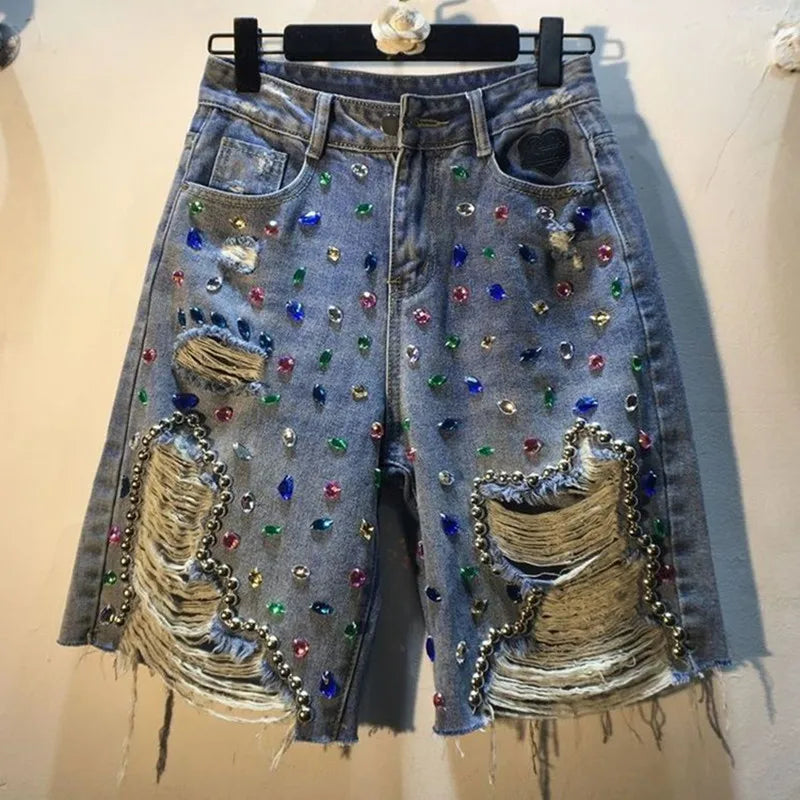 Diamond Beaded Denim Knee Length Shorts Summer Loose High Waist Shorts