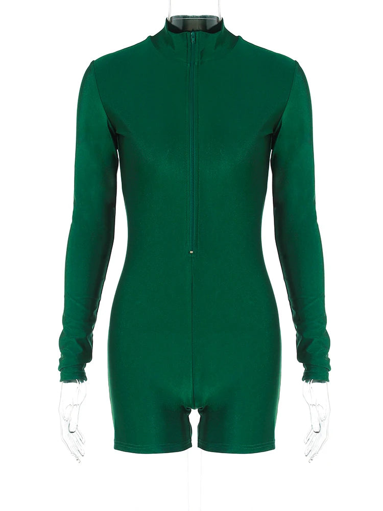 Solid Turtleneck Playsuit Romper Long Sleeve Zip Up Sexy Slim Skinny One Piece Playsuit Party Romper