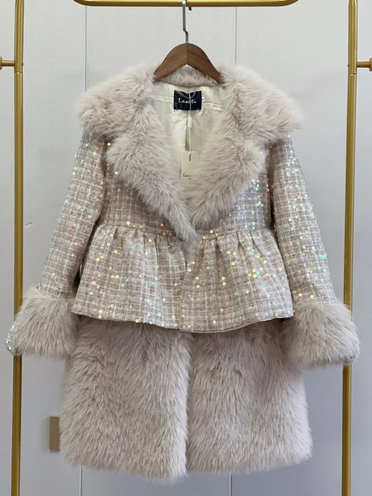 Winter Fur Coat Women Luxury Sequined Wool Faux Fur Long Jacket Fluffy Overcoat