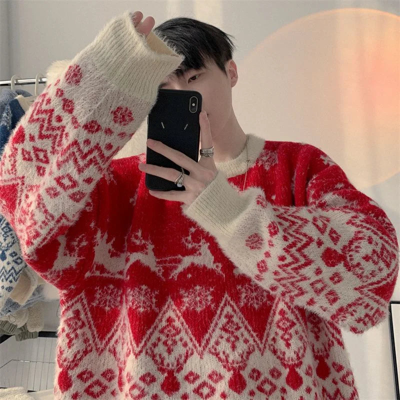 High Quality Plush Knitted Christmas Red Pullover Oversized Couple Sweater
