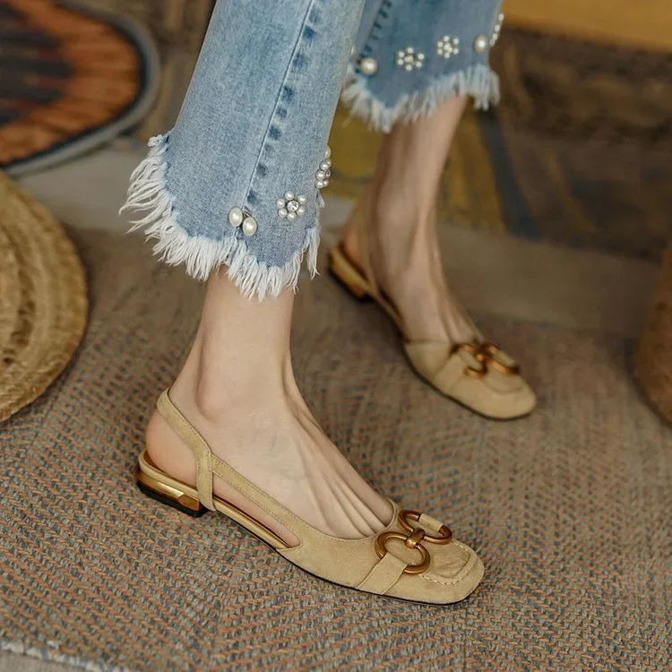 French Low Heel Retro Toe Cover Sandals Women Summer Empty Horse Bit Faux Leather Strap Sandals