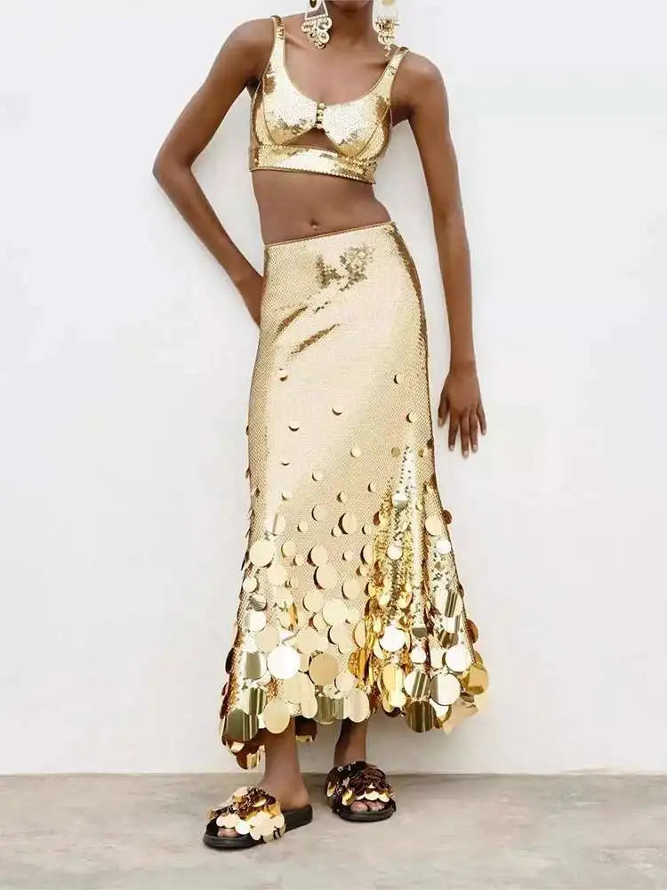 Solid Patchwork Sequins Chic Skirts For Women High Waist Zipper A Line Skirts