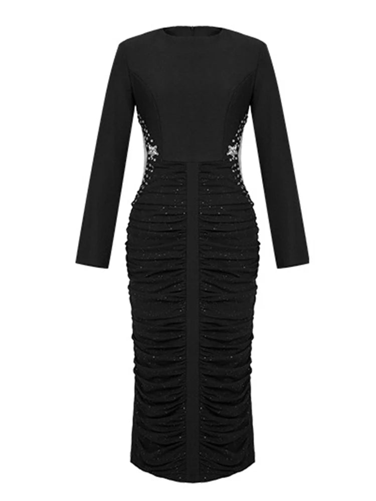 French Elegant Formal Shiny Rhinestone Folds Bodycon Midi Dress