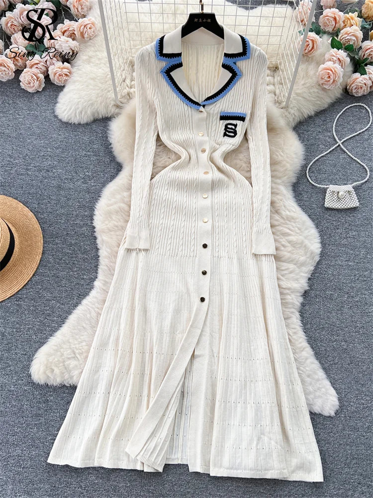 Women Polo Dress Single Breasted Pocket Design Bodycon Knitted Dress Sweater Midi Dress