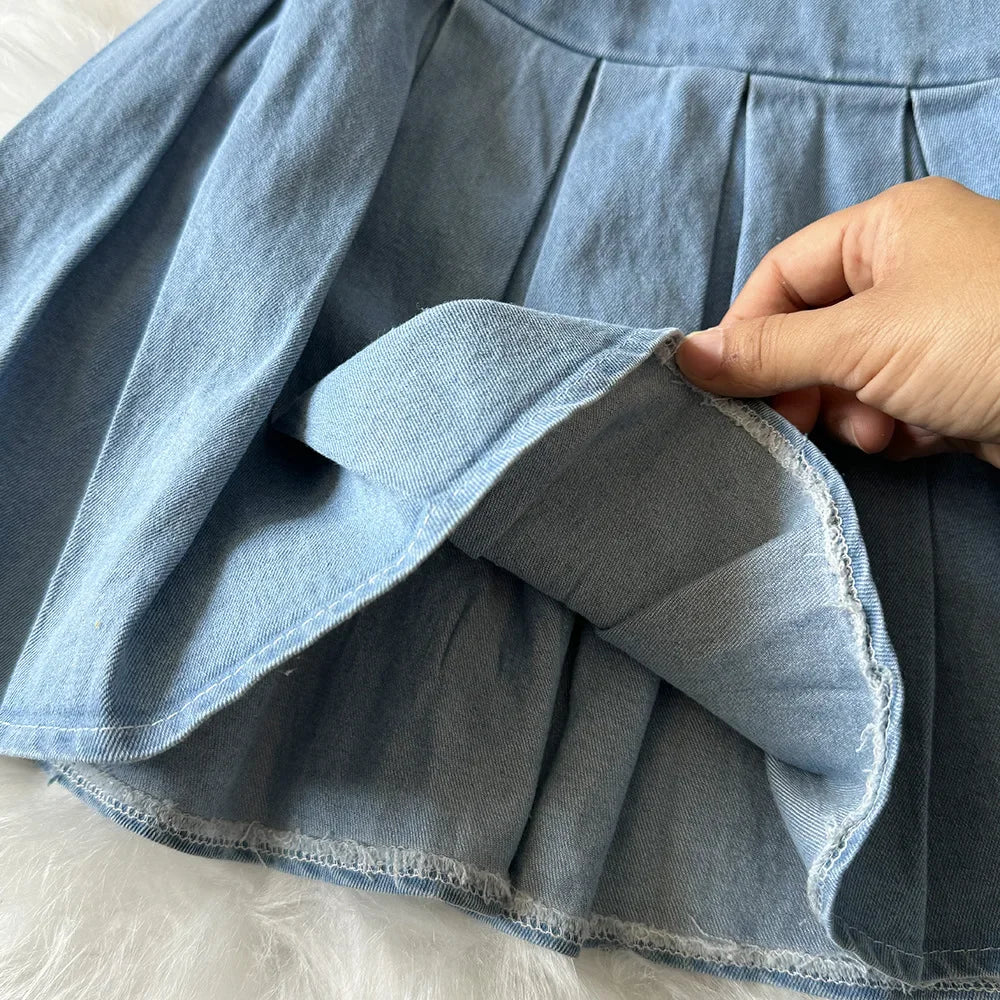 Denim Skirt Stets Two Pieces Sleeveless Tanks Top and Pleated Mini Skirt