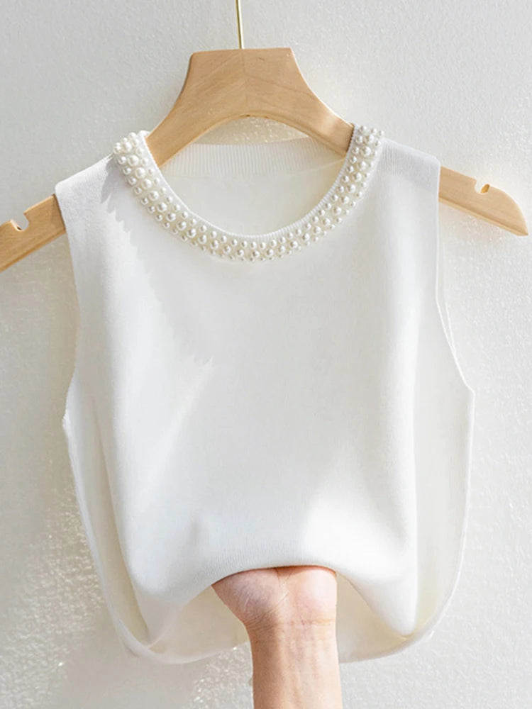 Knitted Sleeveless Beaded Casual Thin Tops